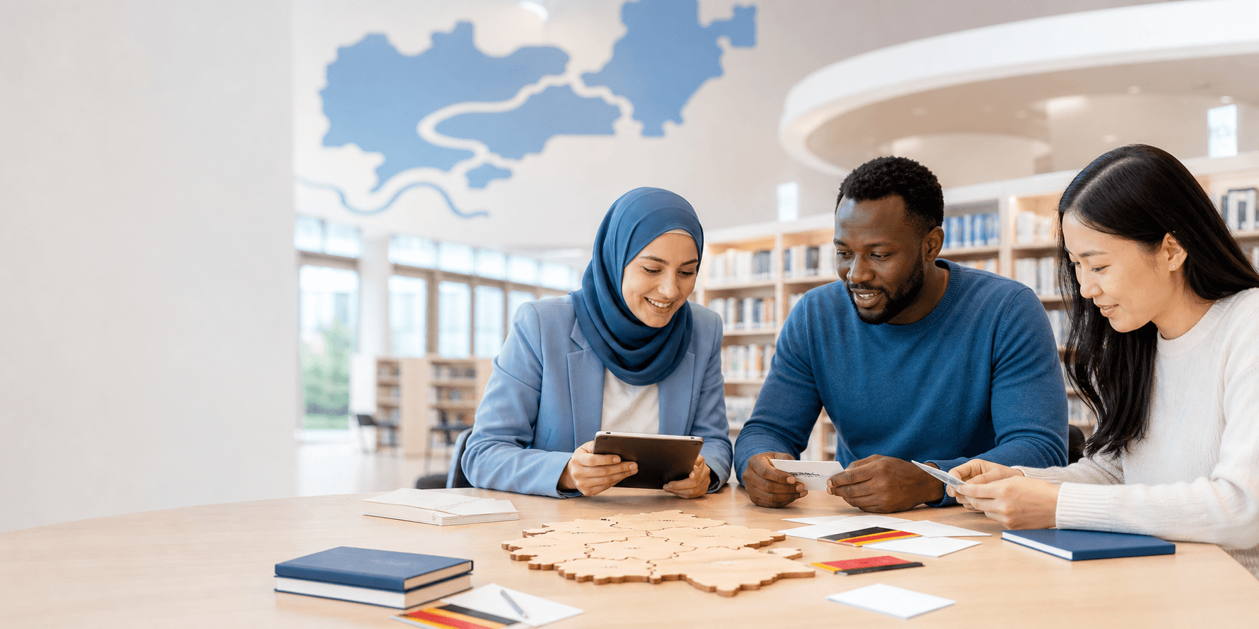 Erwachsene Lernende beschäftigen sich gemeinsam in einer Bibliothek mit den deutschen Bundesländern